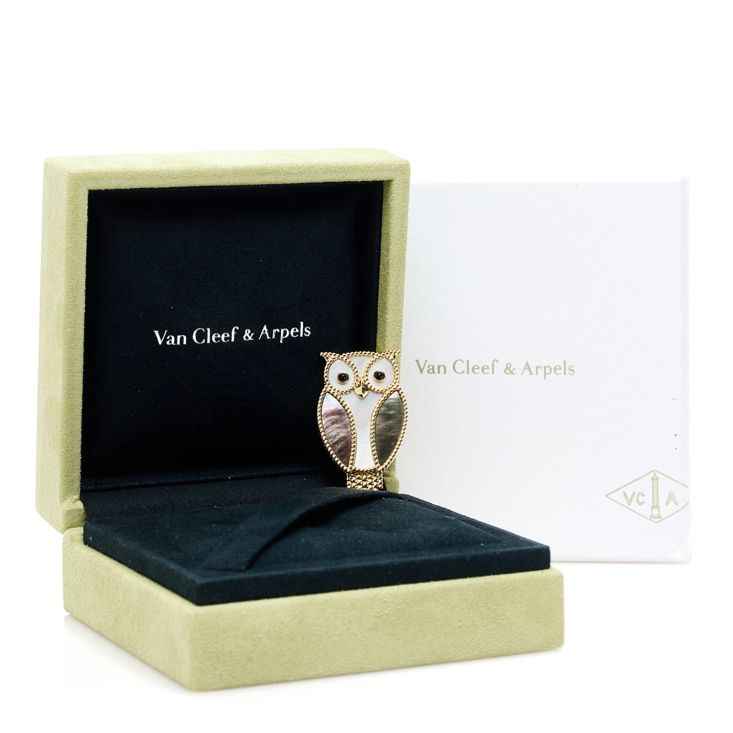 Van Cleef & Arpels 18K Yellow Gold Grey White Mother of Pearl Black Onyx Lucky Animals Owl Brooch 5 of 5