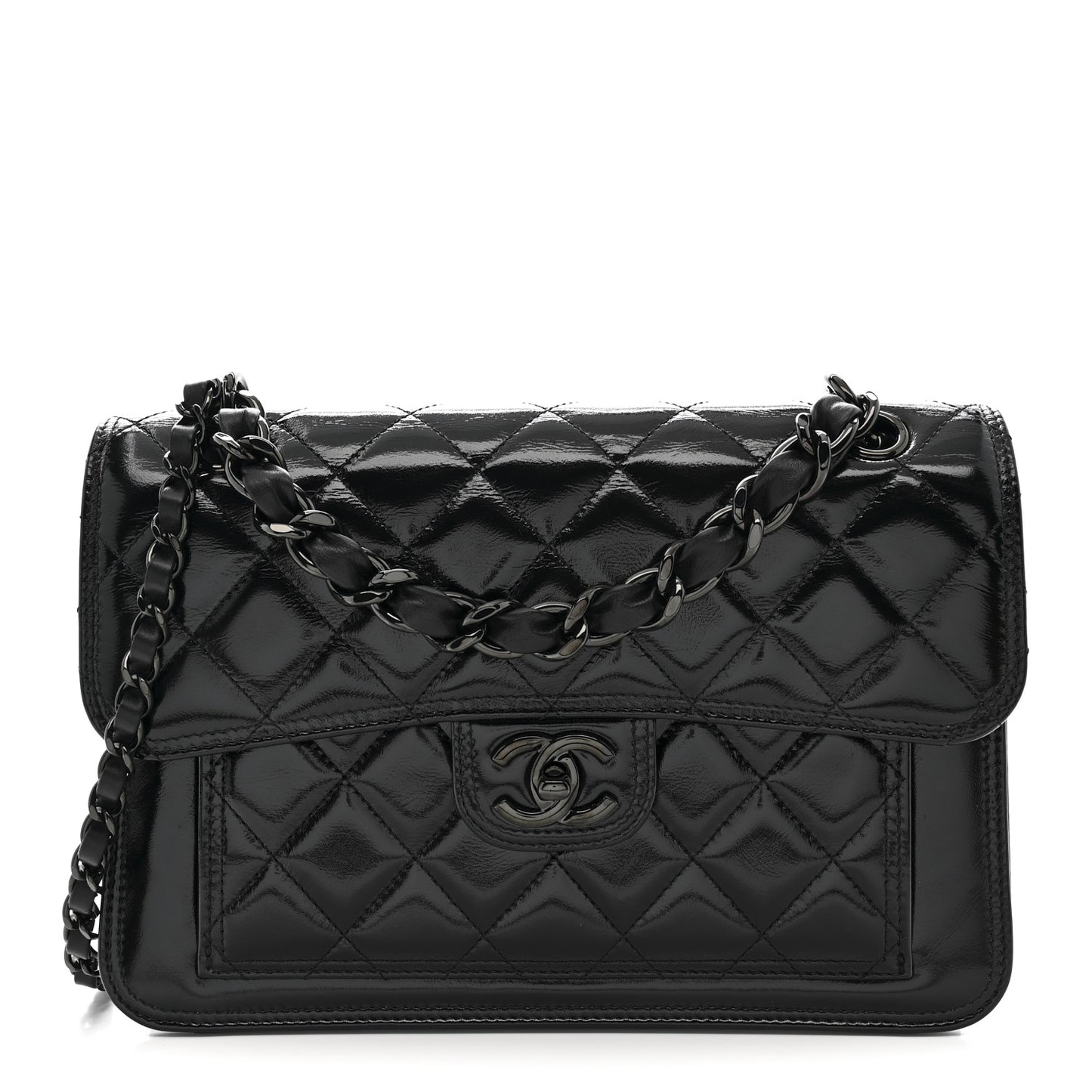 Shiny Crumpled Calfskin Quilted Large Double You Flap So Black