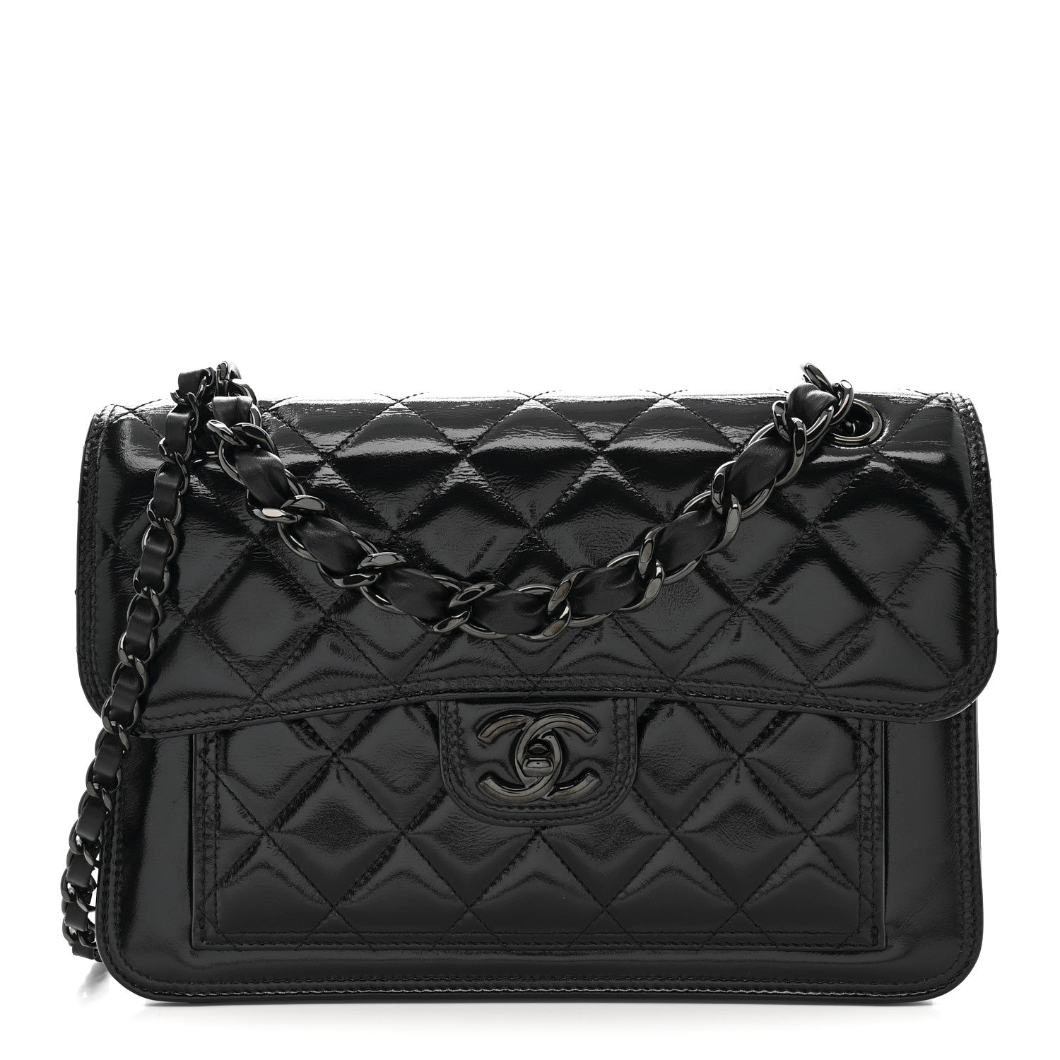 Chanel Shiny Crumpled Calfskin Quilted Large Double You Flap So Black 1 of 10