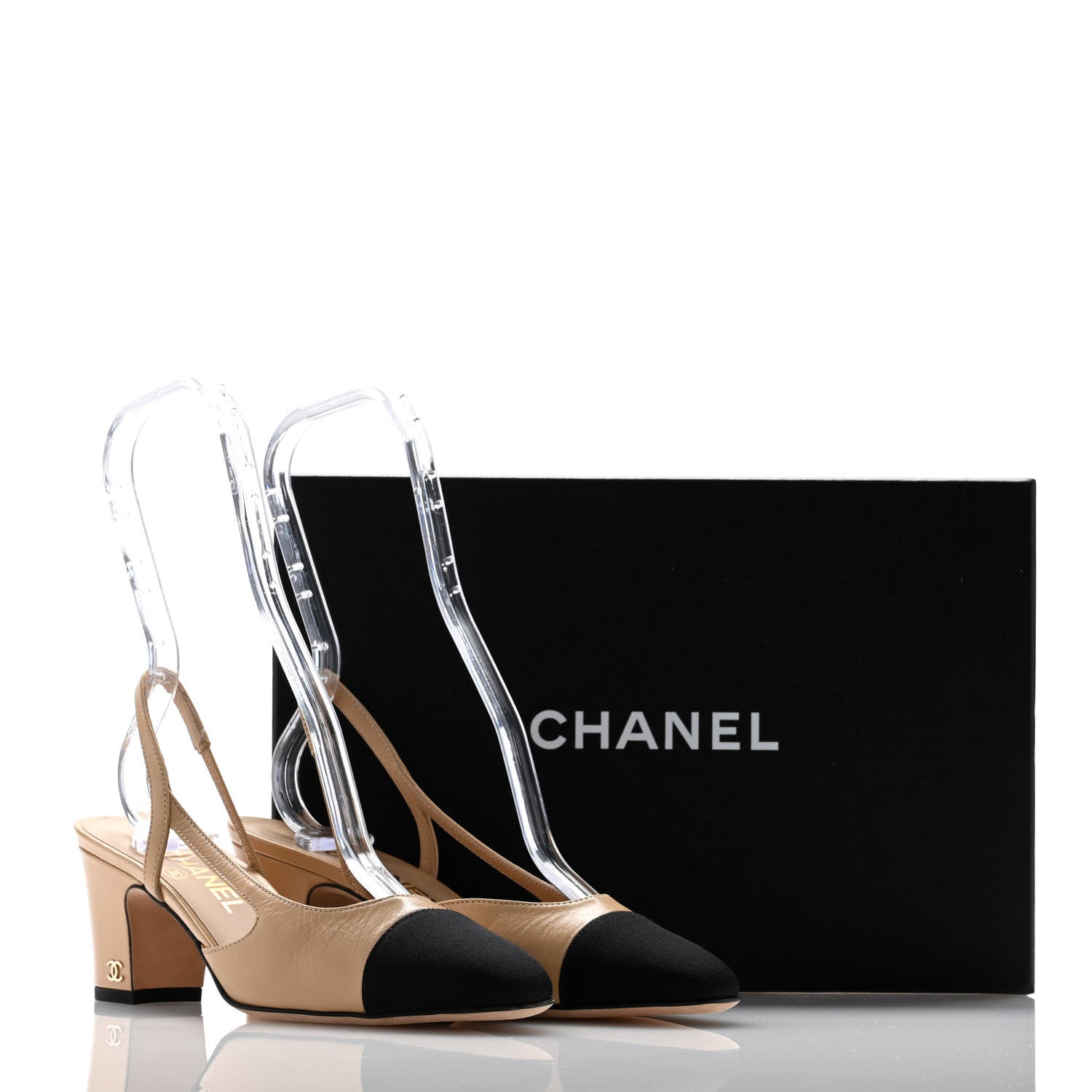Chanel Goatskin Grosgrain Cap Toe CC Slingback Pumps 36.5 Beige Black 10 of 10