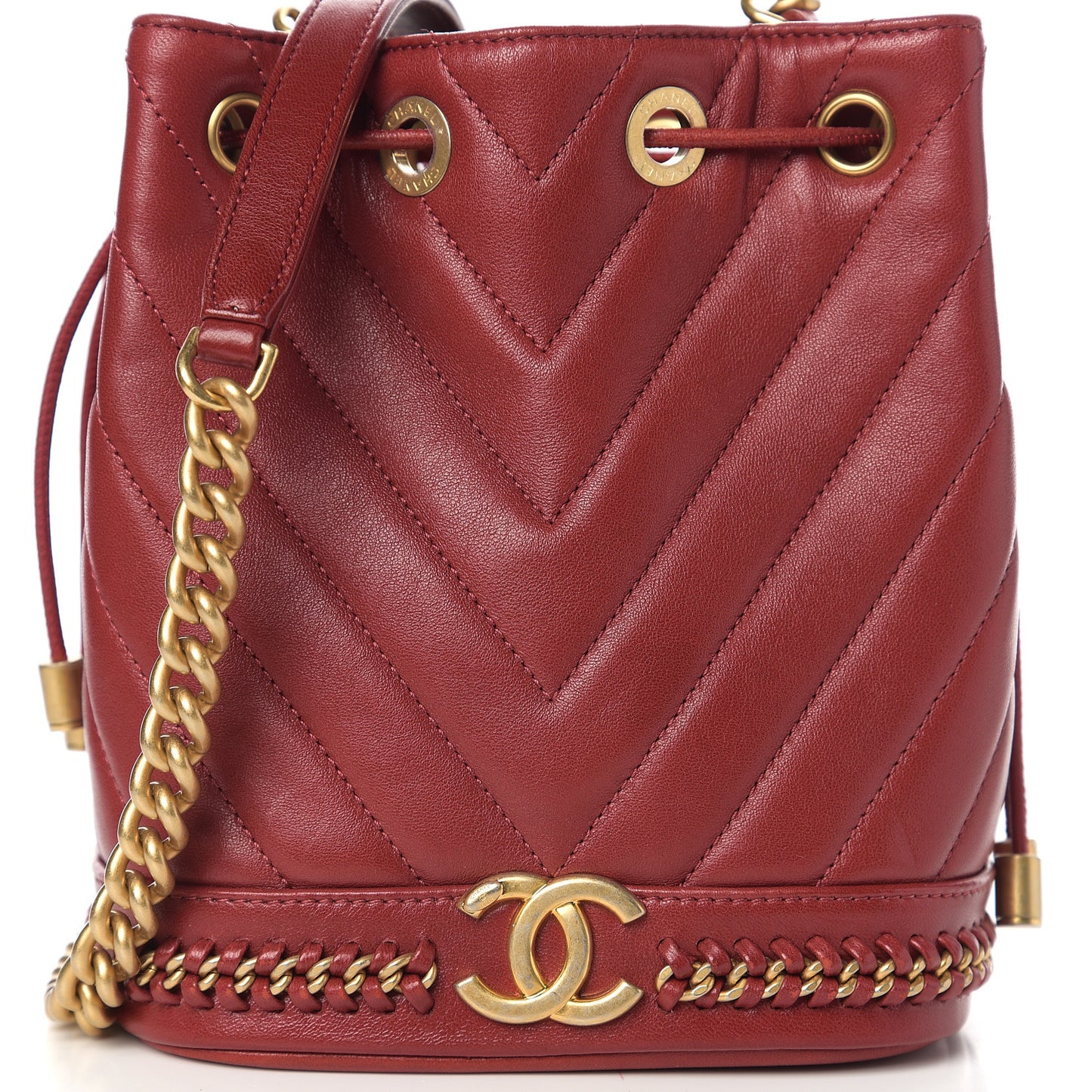Sheepskin Chevron Quilted Small Drawstring Bag Dark Red