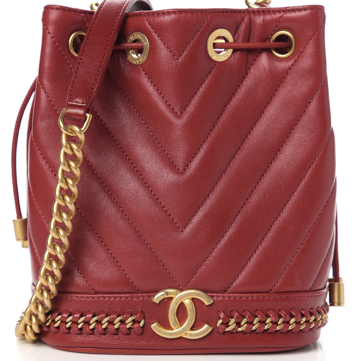 Chanel Sheepskin Chevron Quilted Small Drawstring Bag Dark Red 7 of 10