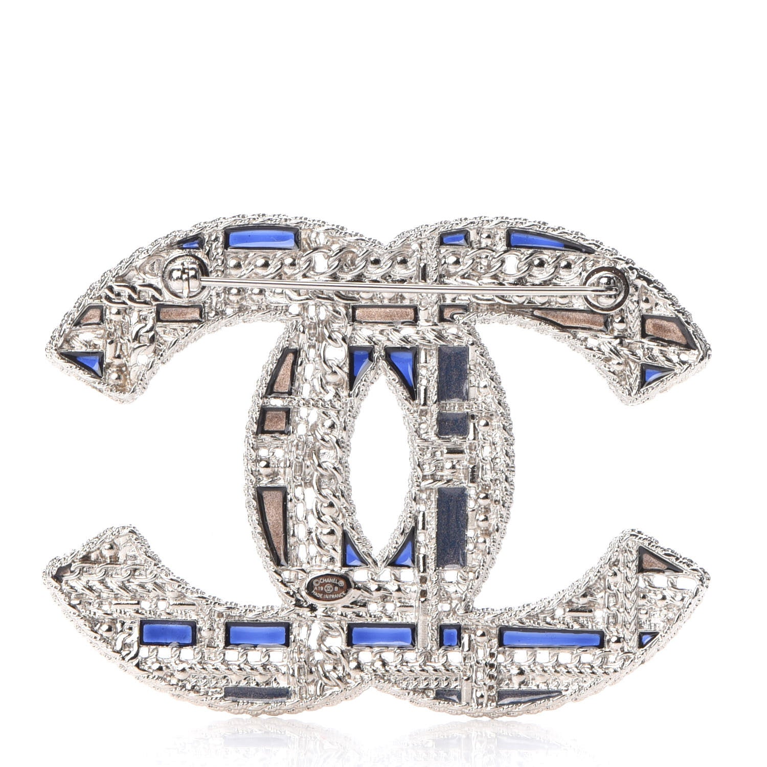 Chanel Crystal Pearl CC Tweed Brooch Silver Black 3 of 5