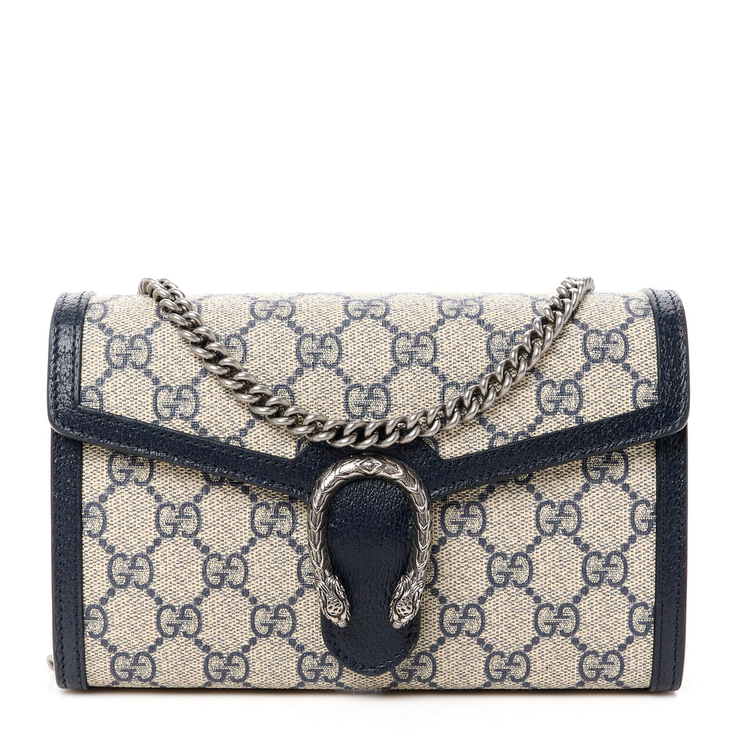 GG Supreme Monogram Textured Dollar Calfskin Mini Dionysus Chain Wallet Beige Blue