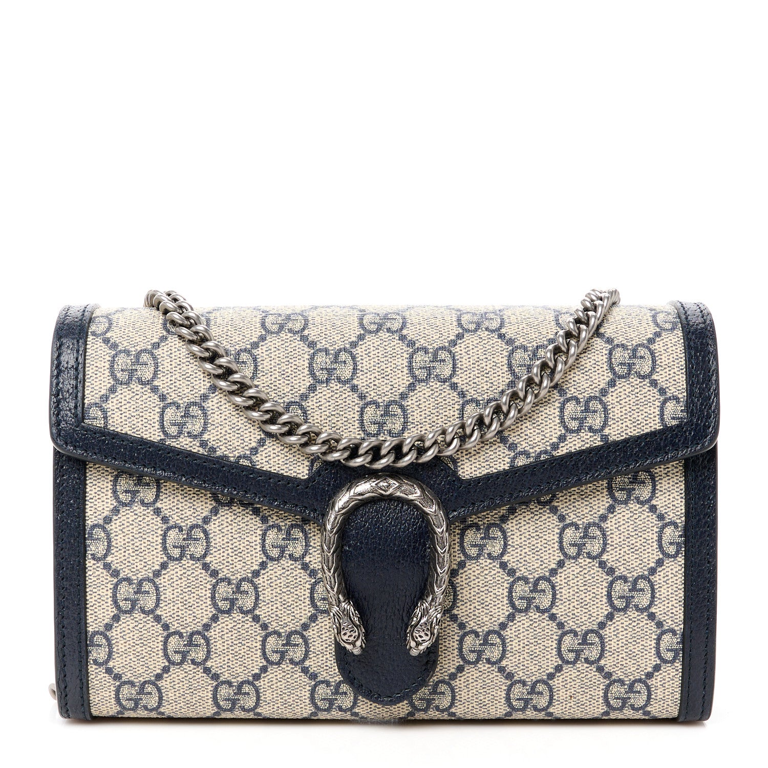 Gucci GG Supreme Monogram Textured Dollar Calfskin Mini Dionysus Chain Wallet Beige Blue 1 of 11