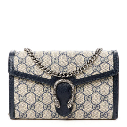 Gucci GG Supreme Monogram Textured Dollar Calfskin Mini Dionysus Chain Wallet Beige Blue 1 of 11