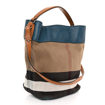 Burberry Grainy Calfskin Canvas Mega Check Medium Ashby Tassel Hobo Blue 3 of 9
