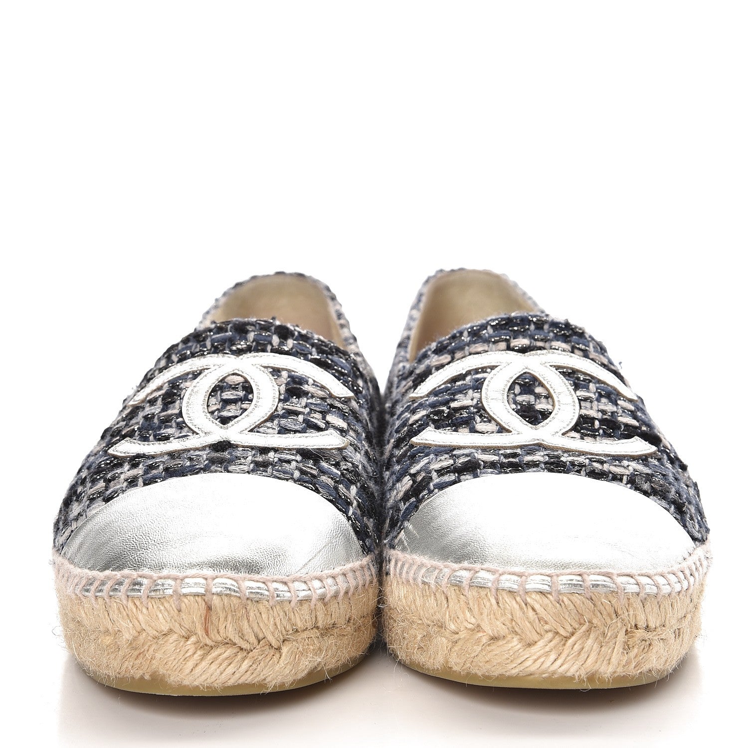 Chanel Metallic Tweed Lambskin CC Espadrilles 40 Blue Black Silver 2 of 10