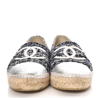 Chanel Metallic Tweed Lambskin CC Espadrilles 40 Blue Black Silver 2 of 10