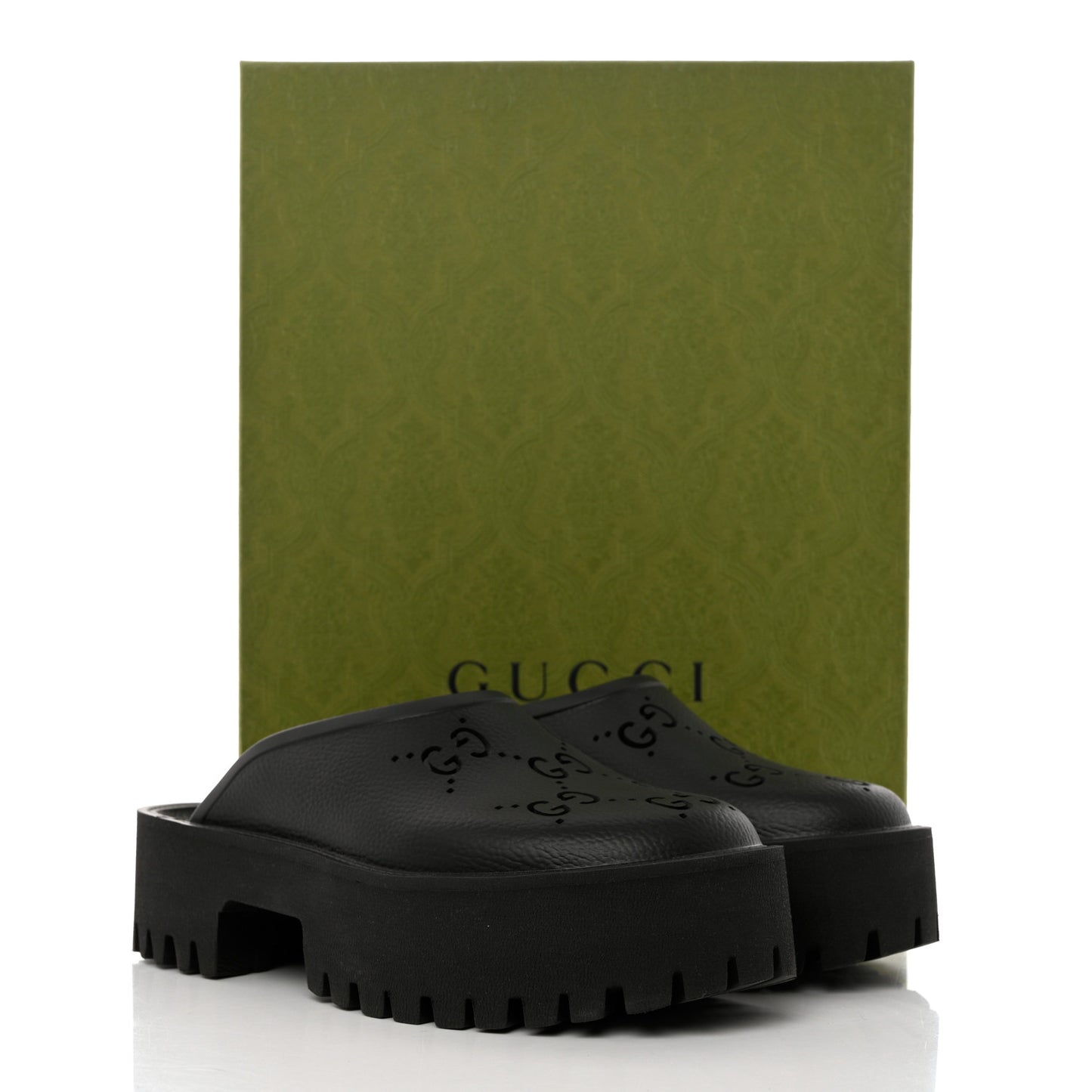 Rubber GG Monogram Perforated Elea Platform 55mm Lug Sole Sandals 39 Black
