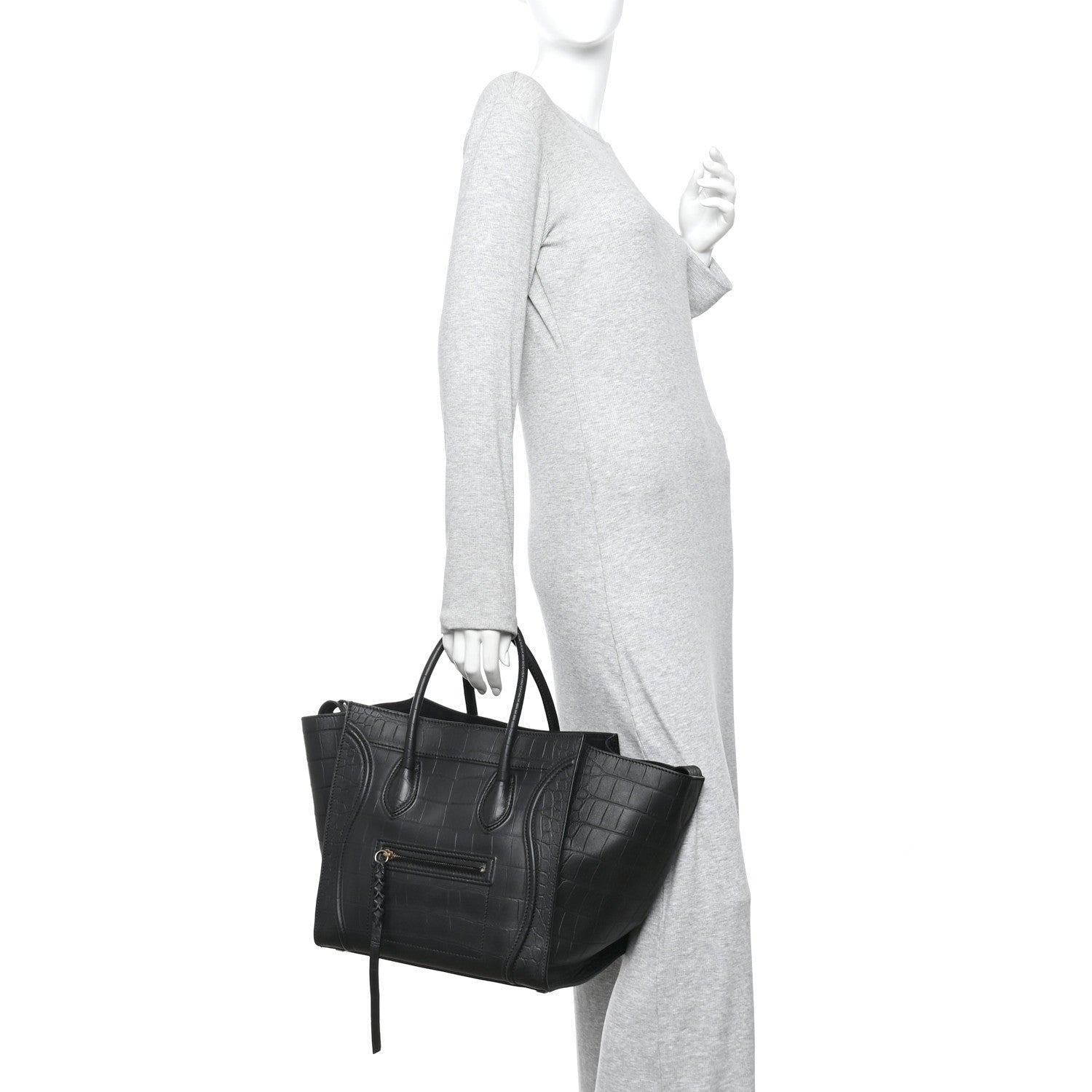 Celine Crocodile Embossed Calfskin Medium Phantom Luggage Black 2 of 9