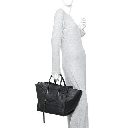 Celine Crocodile Embossed Calfskin Medium Phantom Luggage Black 2 of 9