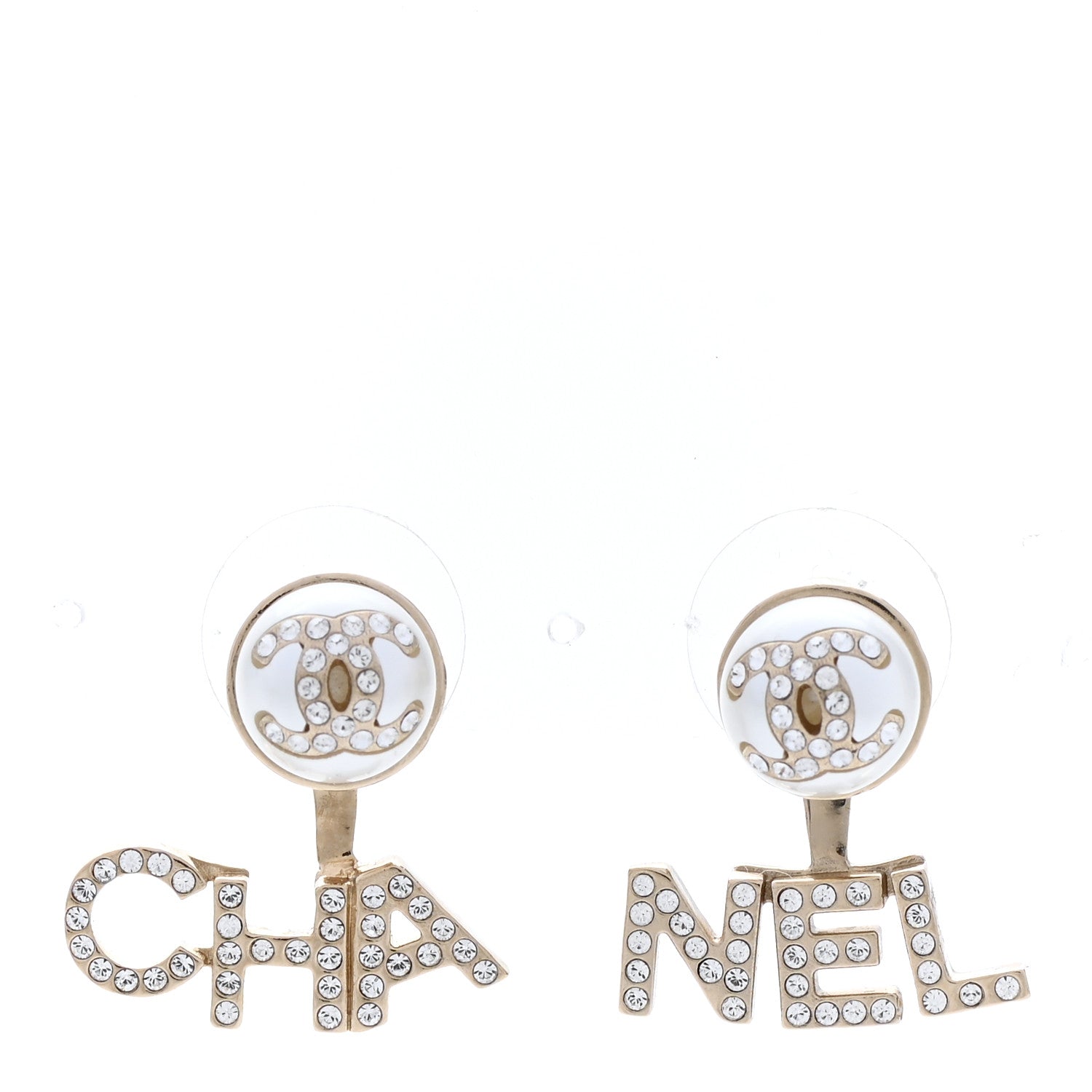 Chanel Pearl Crystal Logo Earrings Gold Pearly White 1 of 5