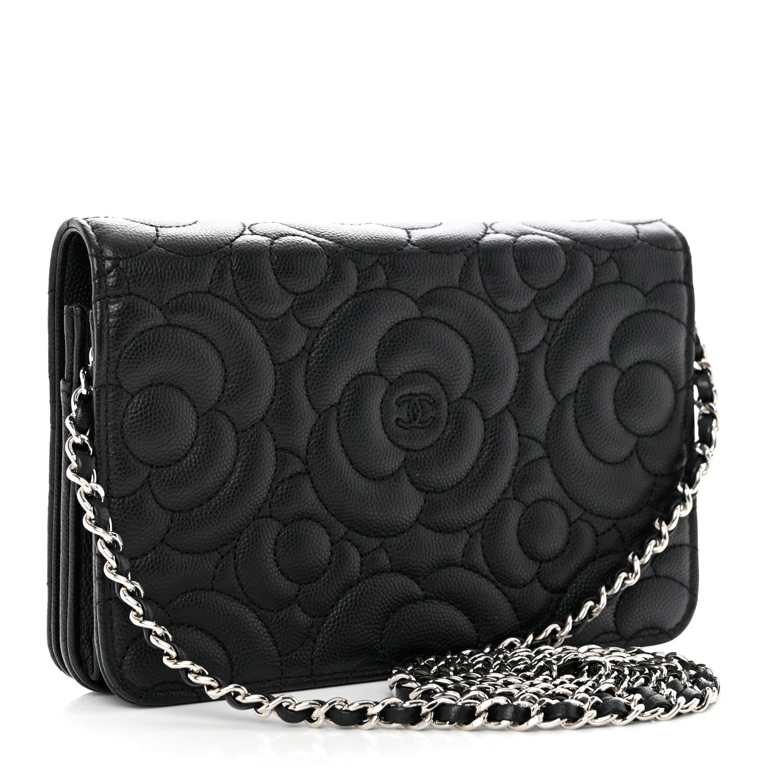 Chanel Caviar Camellia Embossed Wallet On Chain WOC Black 3 of 12