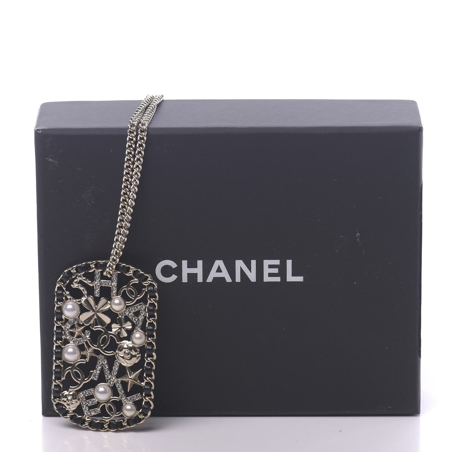 Lambskin Pearl Strass Sergeant Chain Dog Tag Charm Necklace Gold