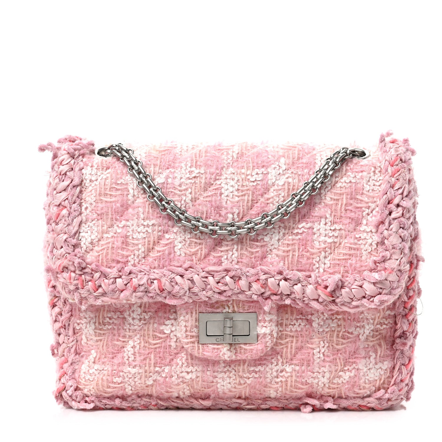 this is an image of a CHANELTweed Braid Mini Reissue Square Flap bag in the colors Pink and white by FASHIONPHILE