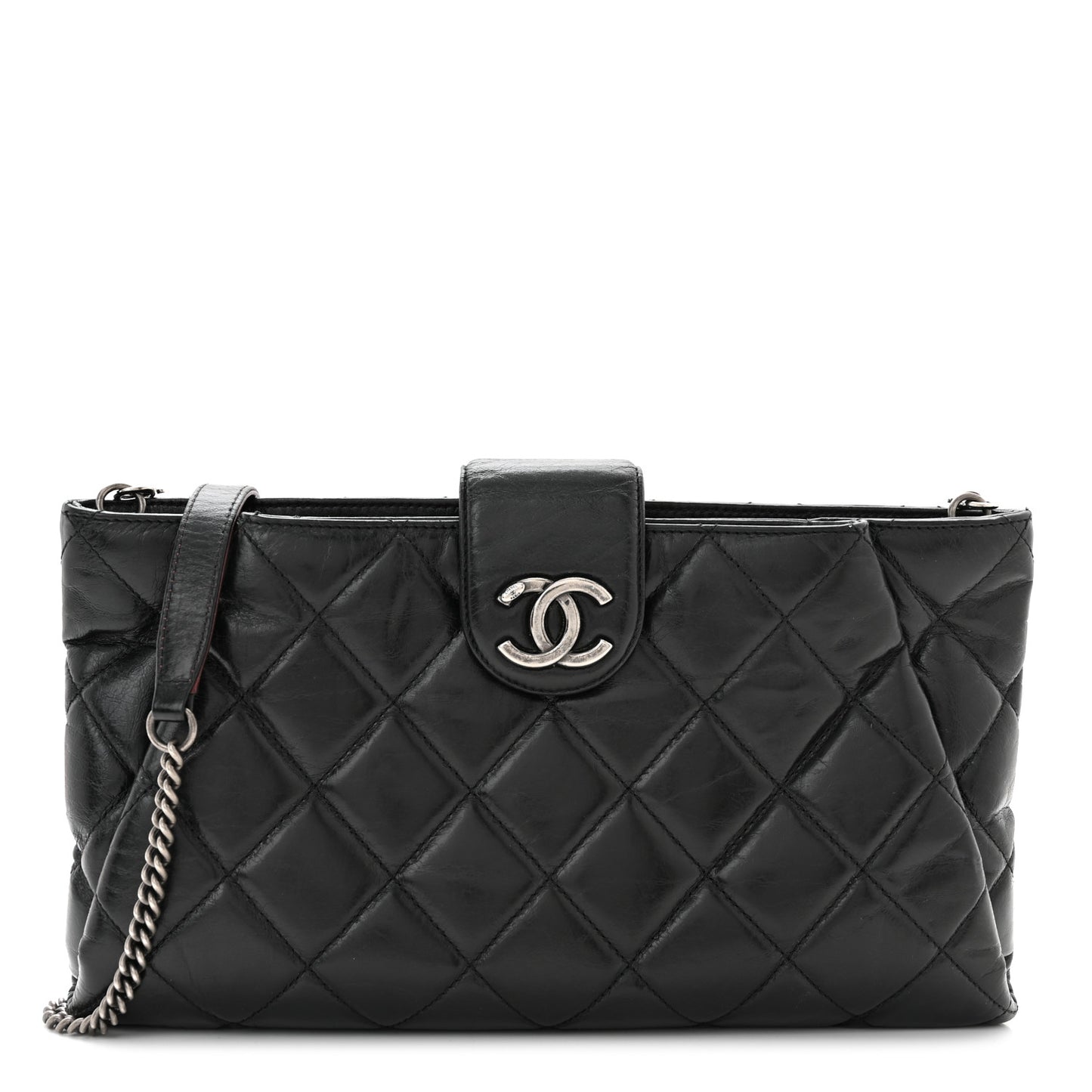 Aged Calfskin Quilted Zip Clutch Black