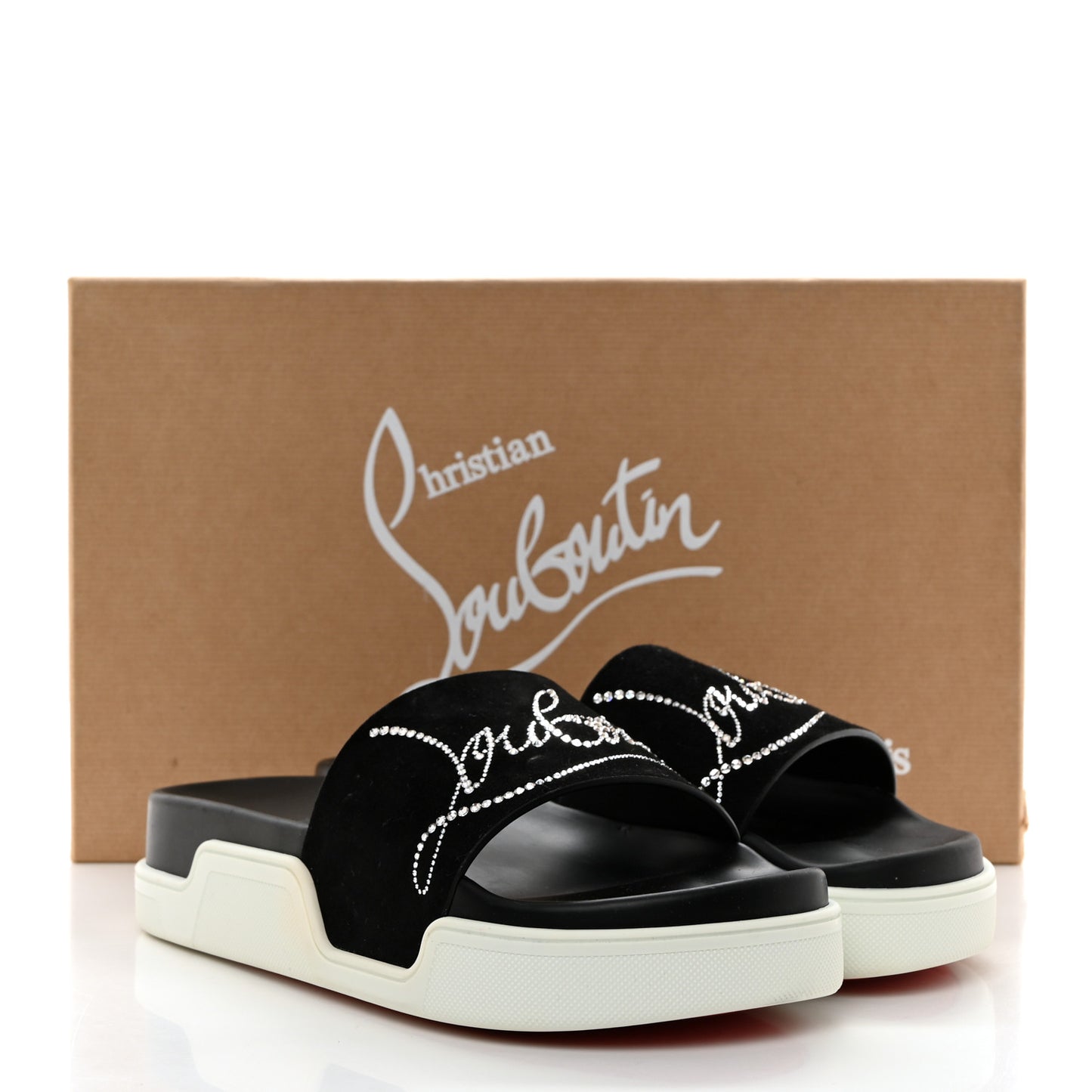 CHRISTIAN LOUBOUTIN Veau Velours Strass Dear Pool Flat Platform Slide Sandal 38.5 Black