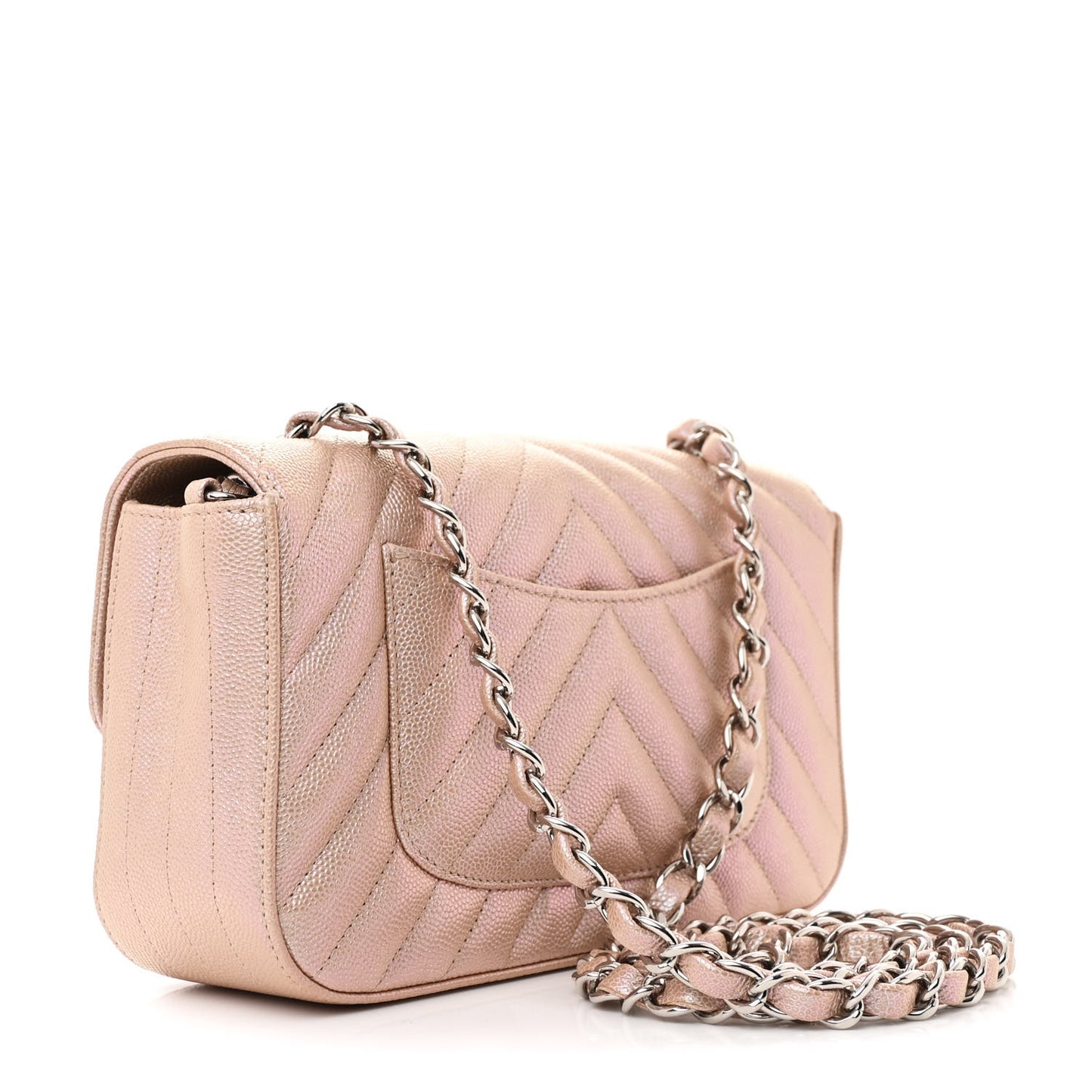 Iridescent Caviar Chevron Quilted Mini Rectangular Flap Light Gold