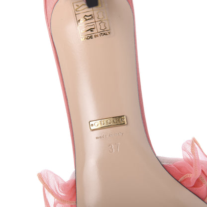 Gucci Tulle Ruffle Low Heel Slide Sandals 37 Peach Mystic White 6 of 10