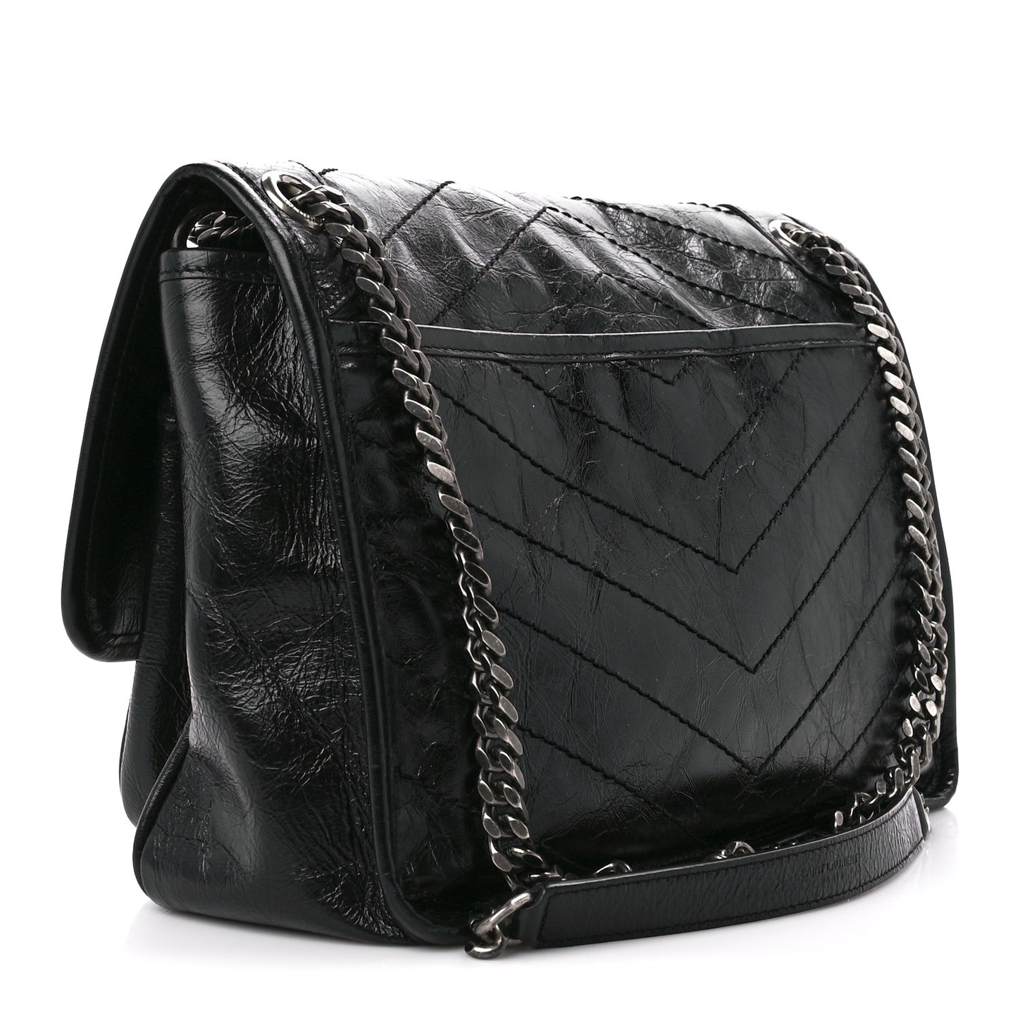 Crinkled Calfskin Matelasse Monogram Medium Niki Chain Satchel Black