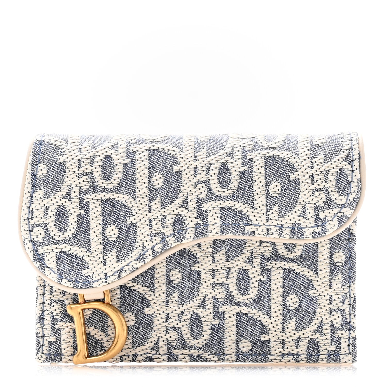 Christian Dior Chambray Raffia Effect Oblique Saddle Bloom Card Holder Blue Light Biscuit 1 of 8