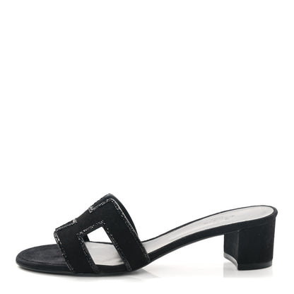 Hermes Suede Goatskin Rhinestone Oasis Sandals 37.5 Black 1 of 9
