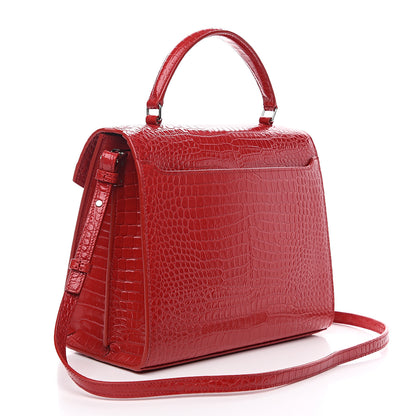 Saint Laurent Calfskin Crocodile Embossed Medium Classic Monogram Cassandra Top Handle Red 2 of 9
