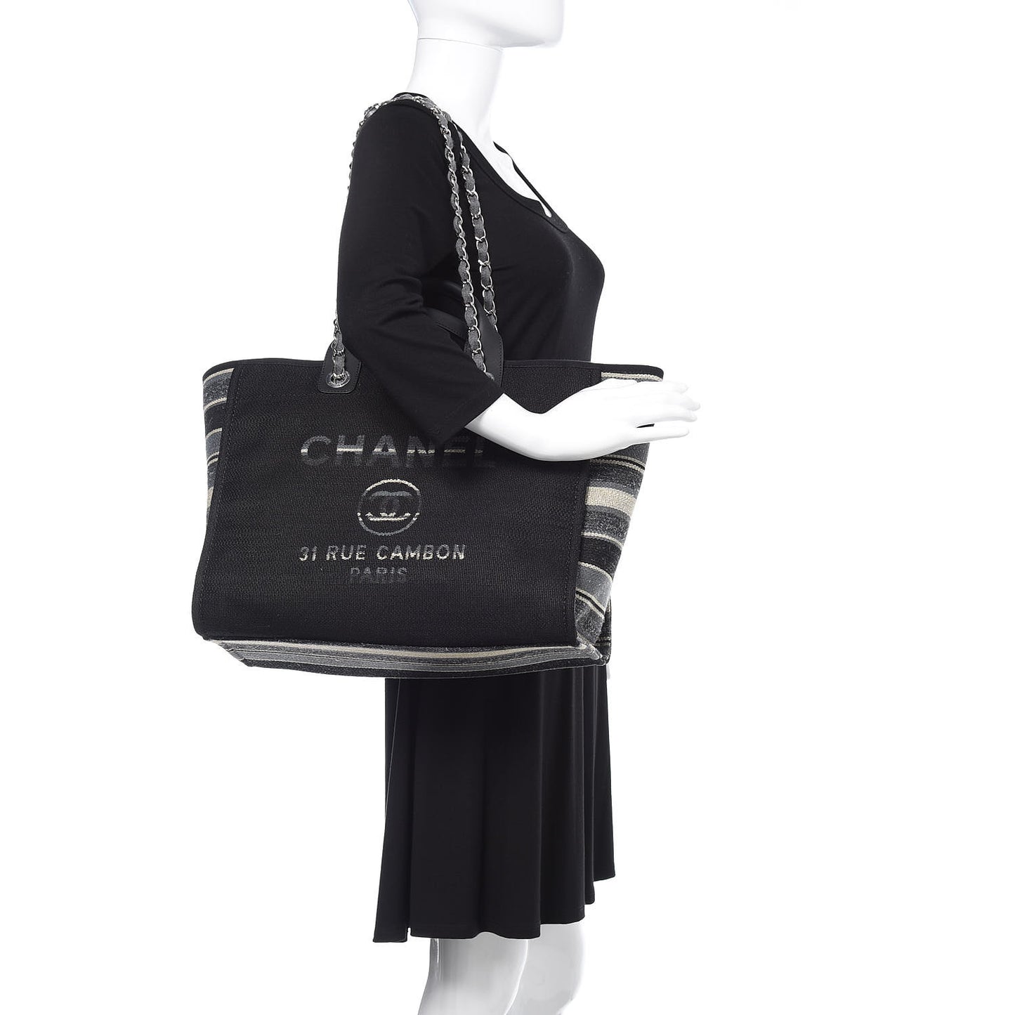 Striped Canvas Medium Deauville Tote Grey Black