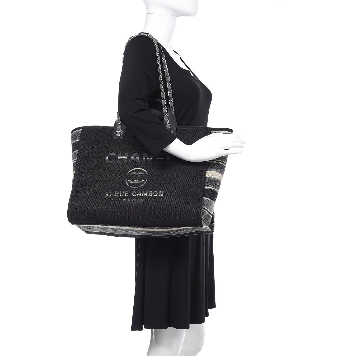 Chanel Striped Canvas Medium Deauville Tote Grey Black 2 of 9