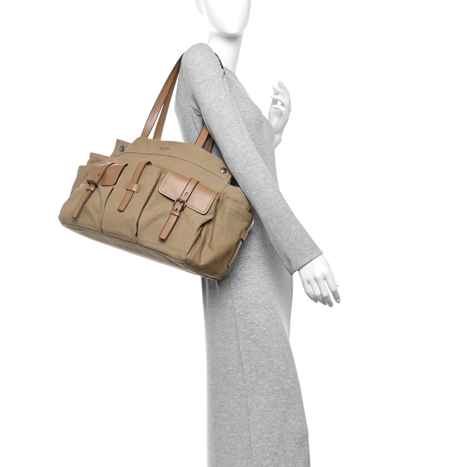 Prada Canvas Calfskin Large Route Shoulder Bag Khaki 2 of 9