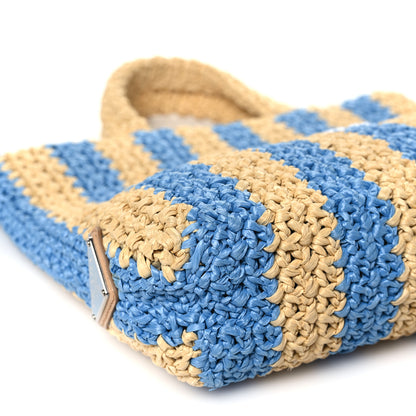 Prada Yarn Raffia Effect Crochet Striped Small Logo Tote Naturale Celeste 7 of 8