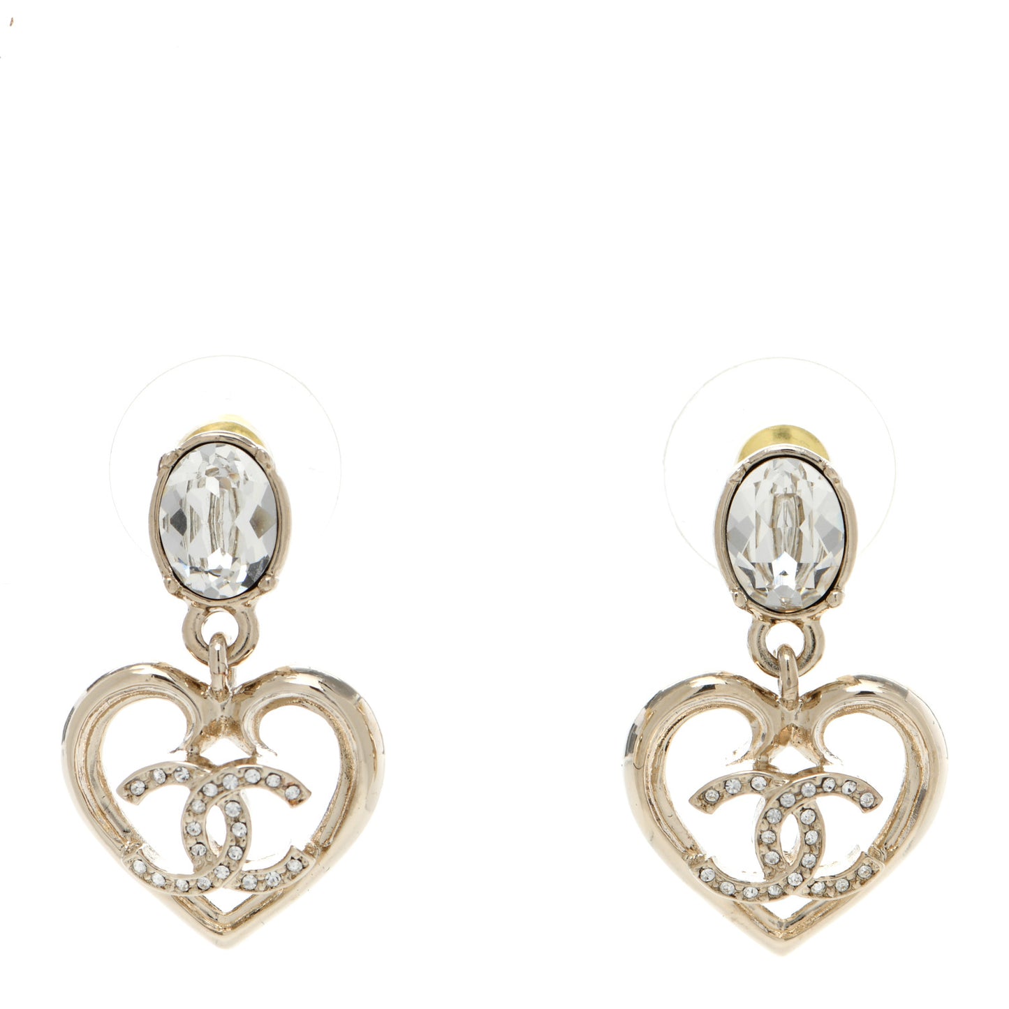 Metal Crystal CC Heart Drop Earrings Gold