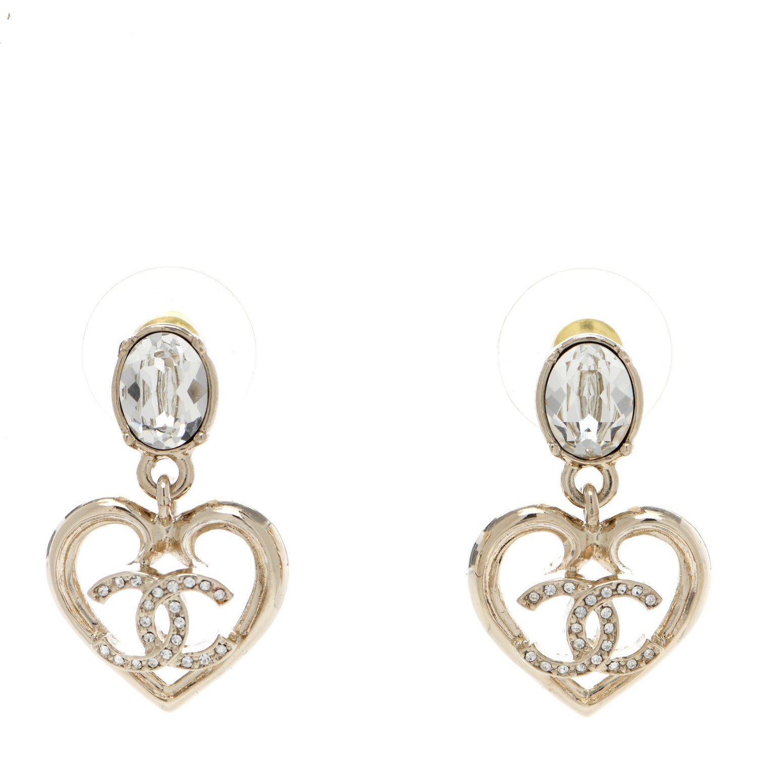 Chanel Metal Crystal CC Heart Drop Earrings Gold 1 of 4