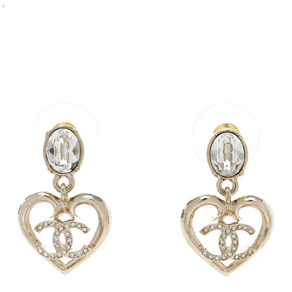 Chanel Metal Crystal CC Heart Drop Earrings Gold 1 of 4