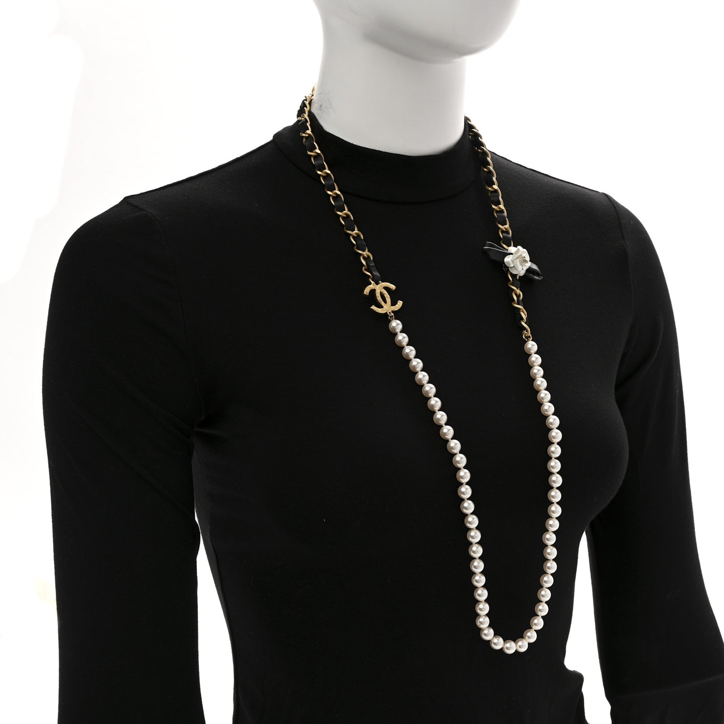 Pearl Lambskin CC Camellia Necklace Black Gold