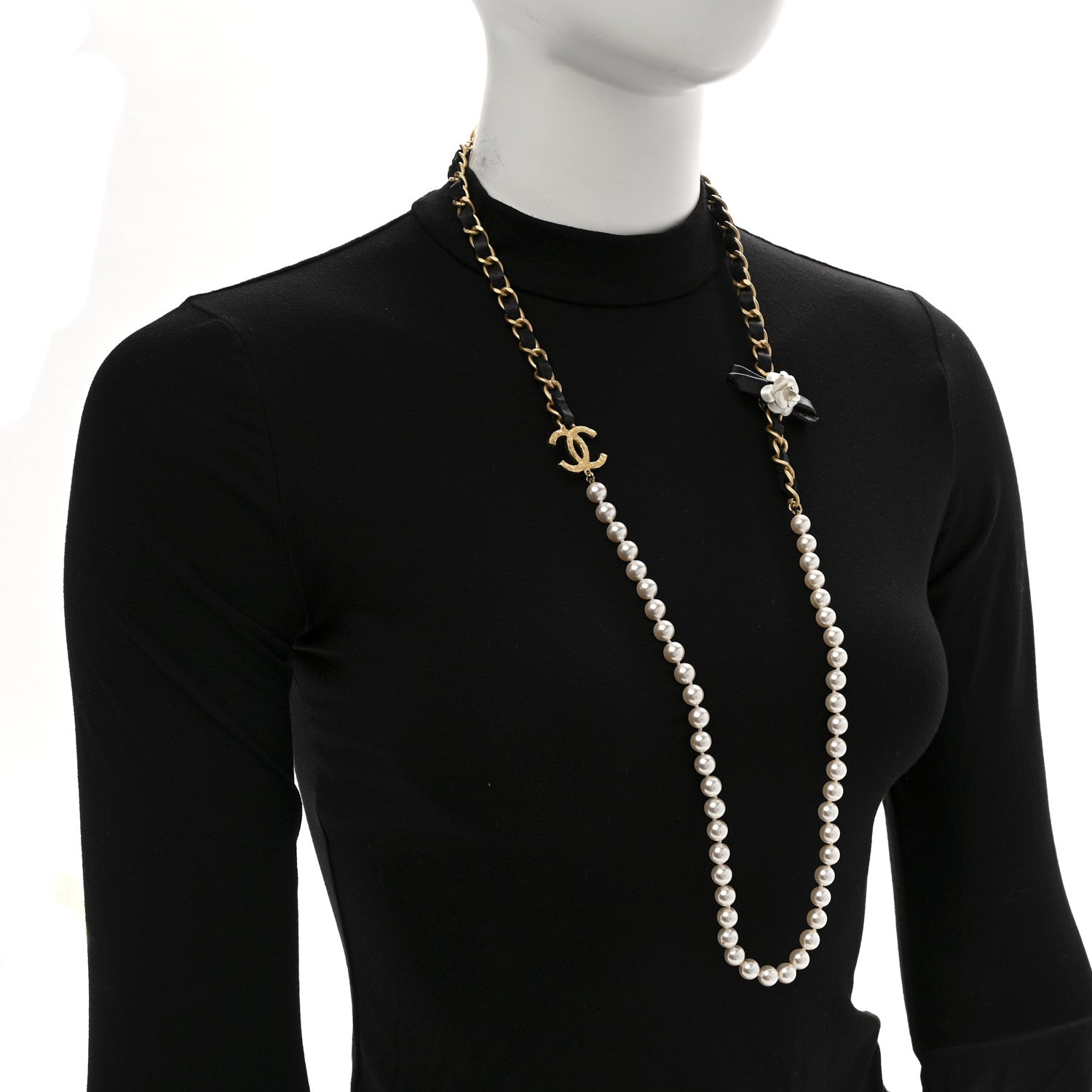 Chanel Pearl Lambskin CC Camellia Necklace Black Gold 2 of 6