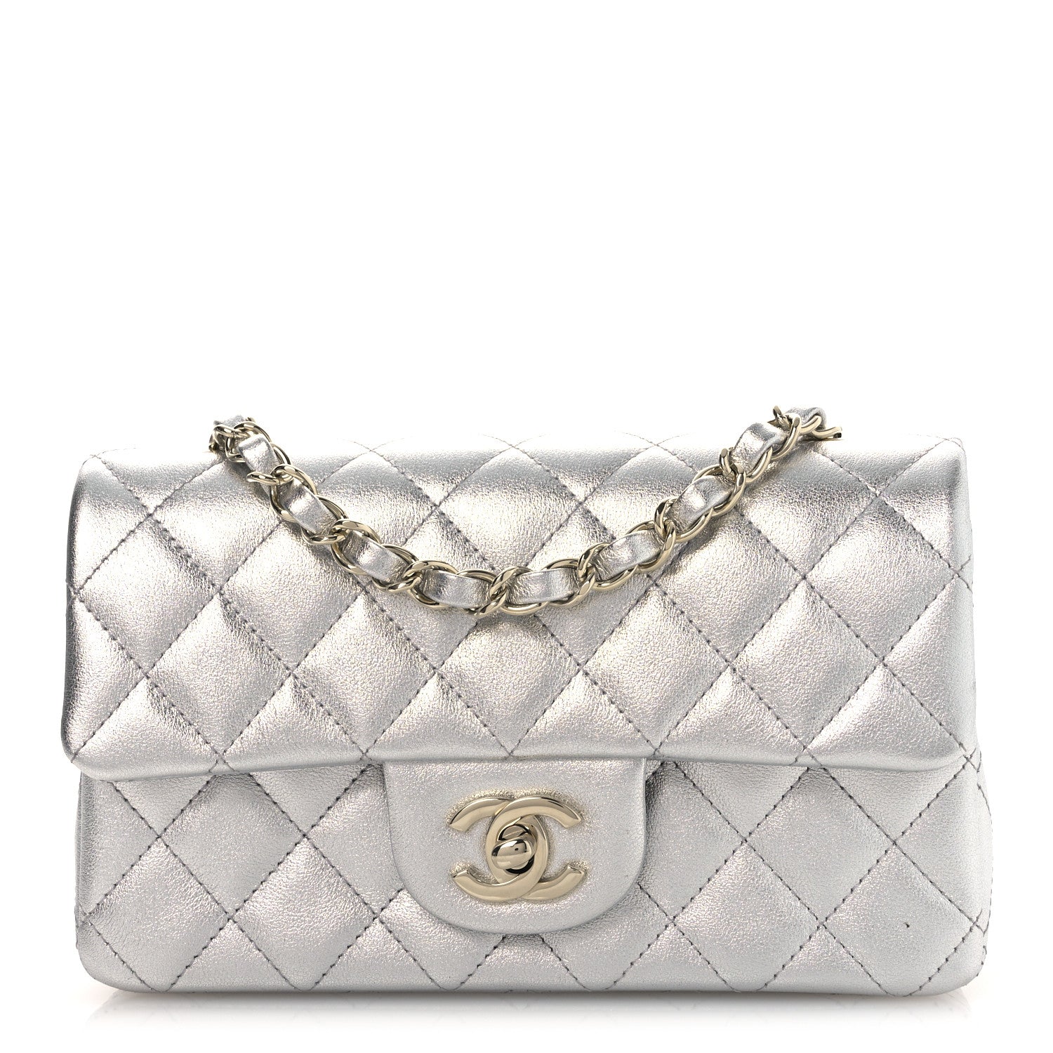 Chanel Metallic Lambskin Quilted Mini Rectangular Flap Silver 1 of 15