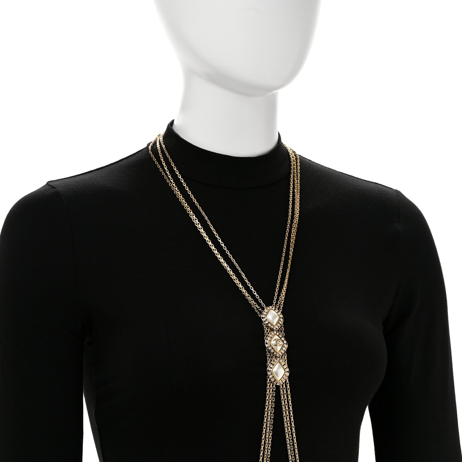 Chanel Chain Pearl Crystal CC Body Chain Necklace Gold 2 of 5