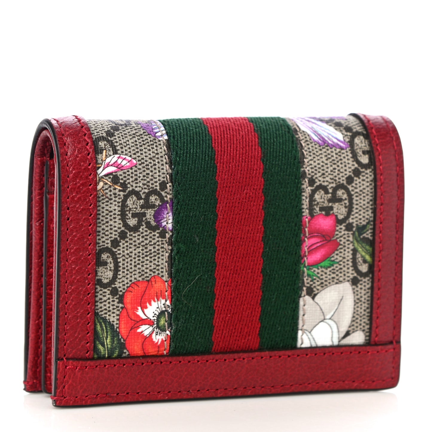 GG Supreme Monogram Flora Web Ophidia Card Case Red