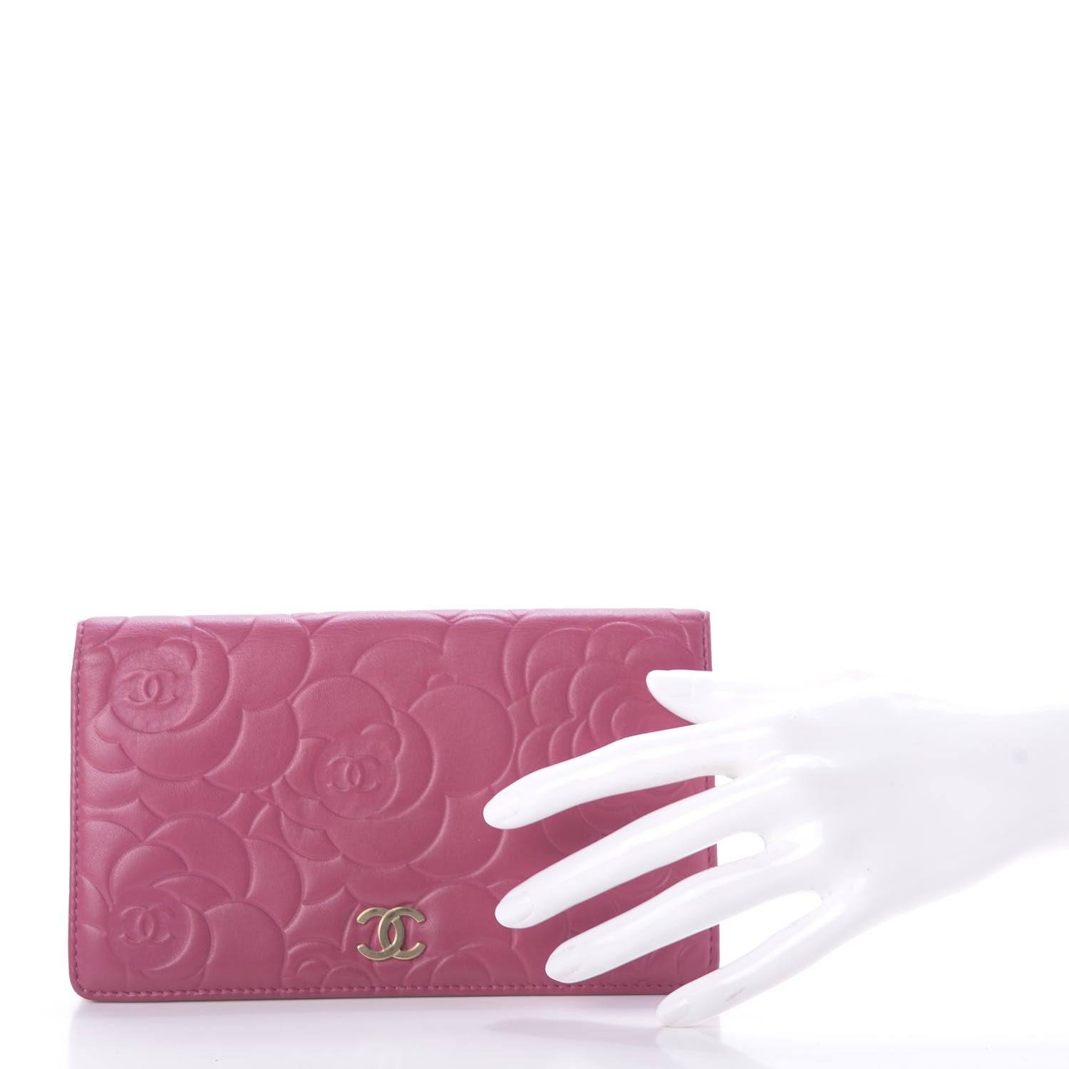 Chanel Lambskin Camellia Embossed Yen Wallet Fuchsia 2 of 11