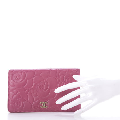 Chanel Lambskin Camellia Embossed Yen Wallet Fuchsia 2 of 11