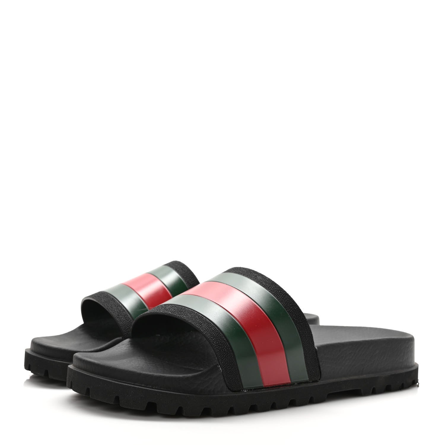 Gucci Rubber Web Mens Lug Sole Slide Sandals 8 Black Green Red 3 of 9