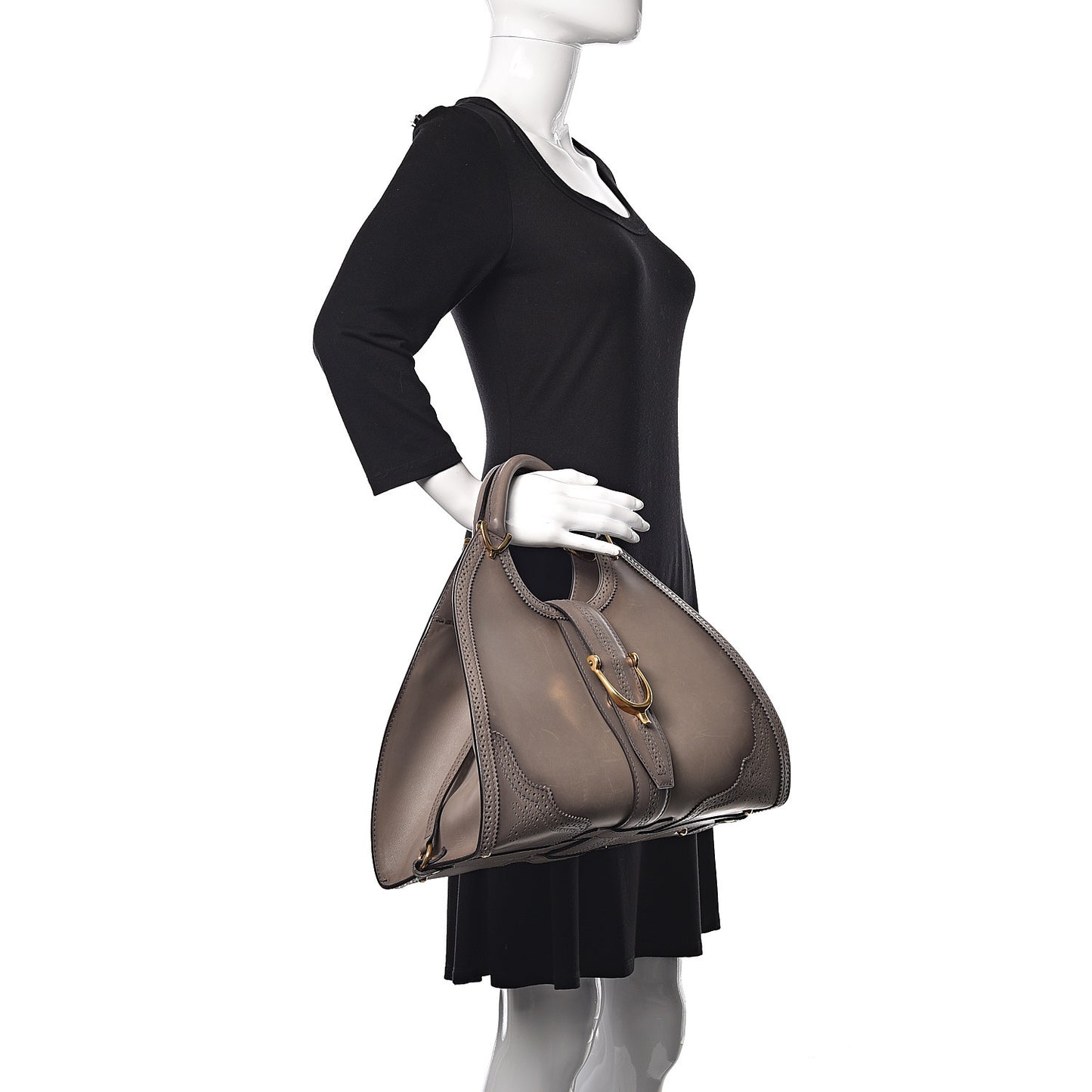 Calfskin Brogue Medium Stirrup Top Handle Bag Grey