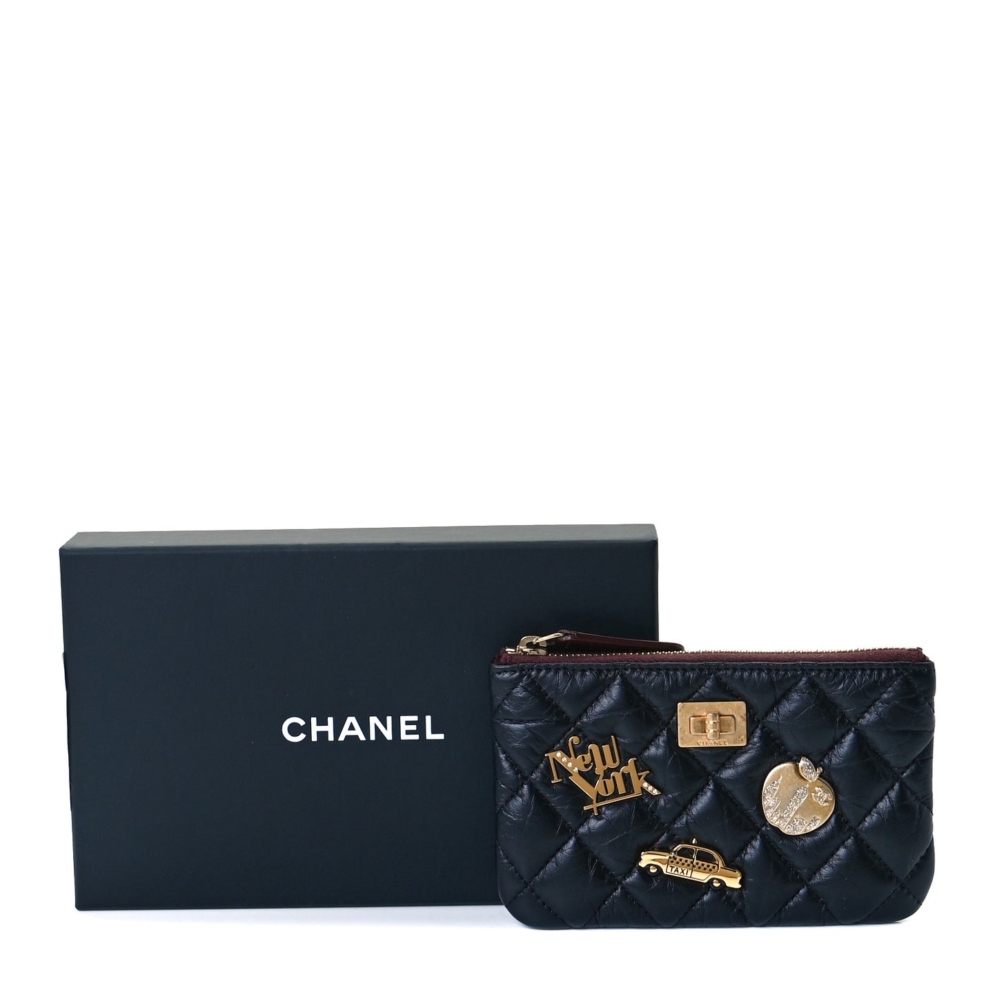 Aged Calfskin Quilted Small Lucky Charms Cosmetic Case Black