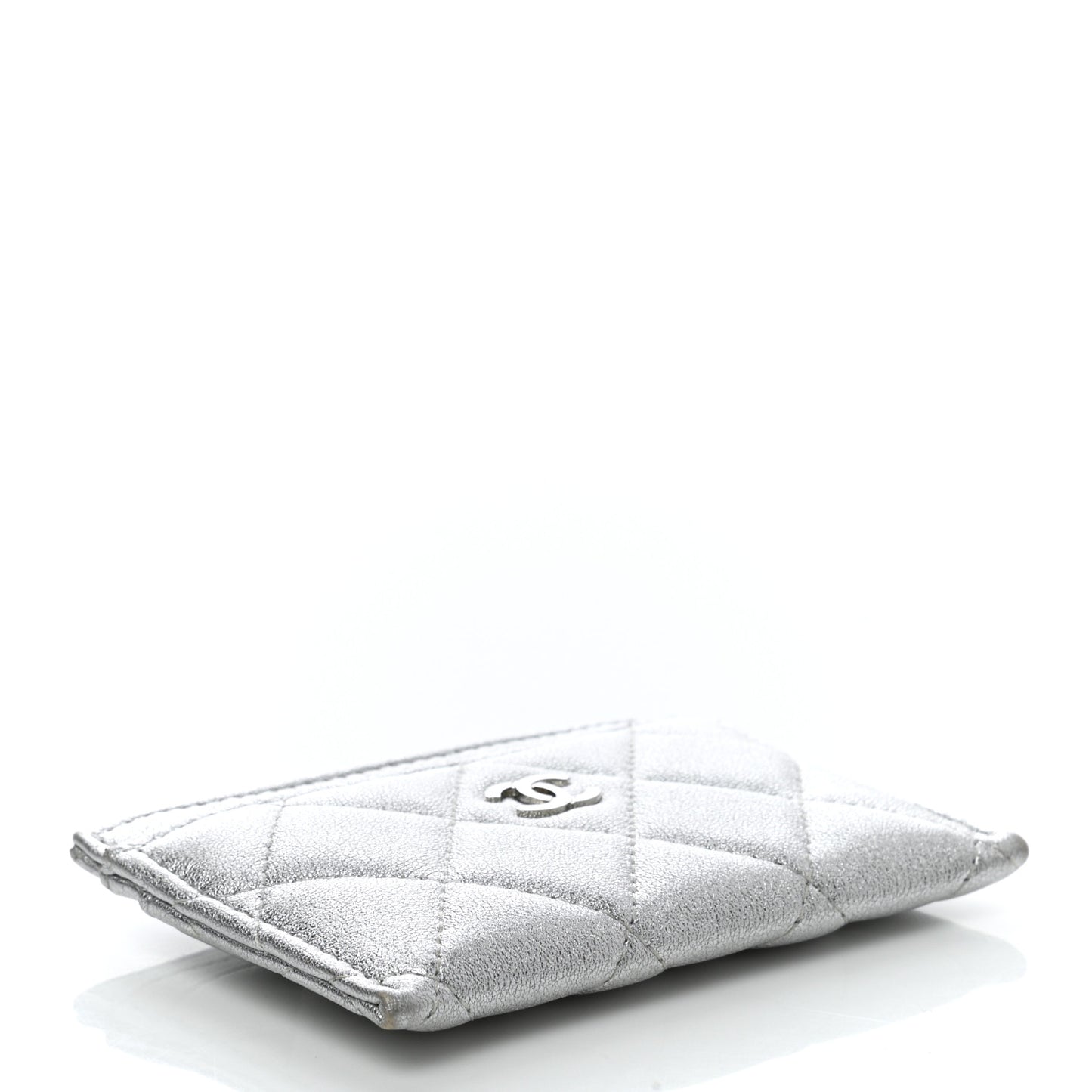 Metallic Lambskin Quilted Card Holder Silver