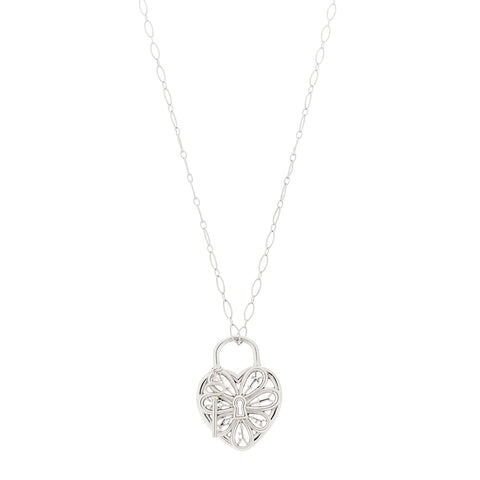 Sterling Silver Large Filigree Heart Lock Key Pendant Necklace