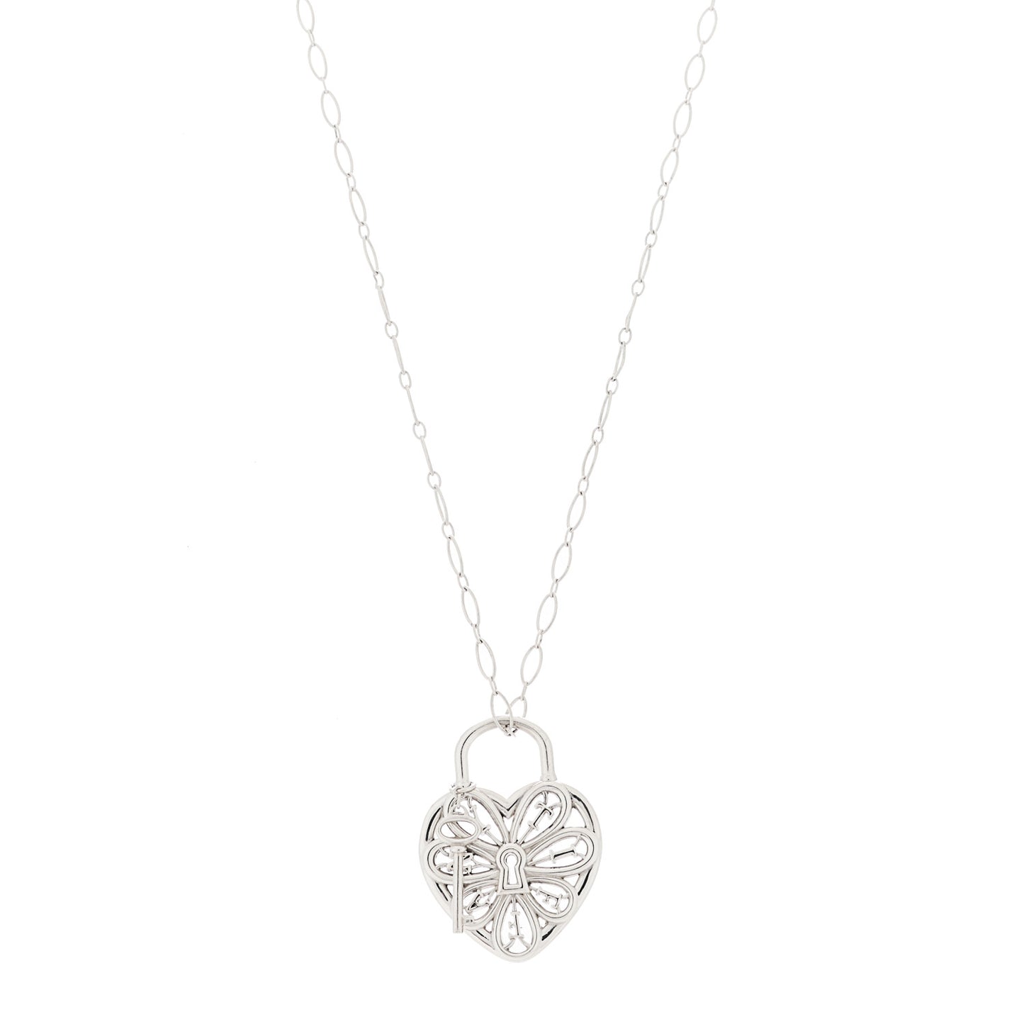 Sterling Silver Large Filigree Heart Lock Key Pendant Necklace