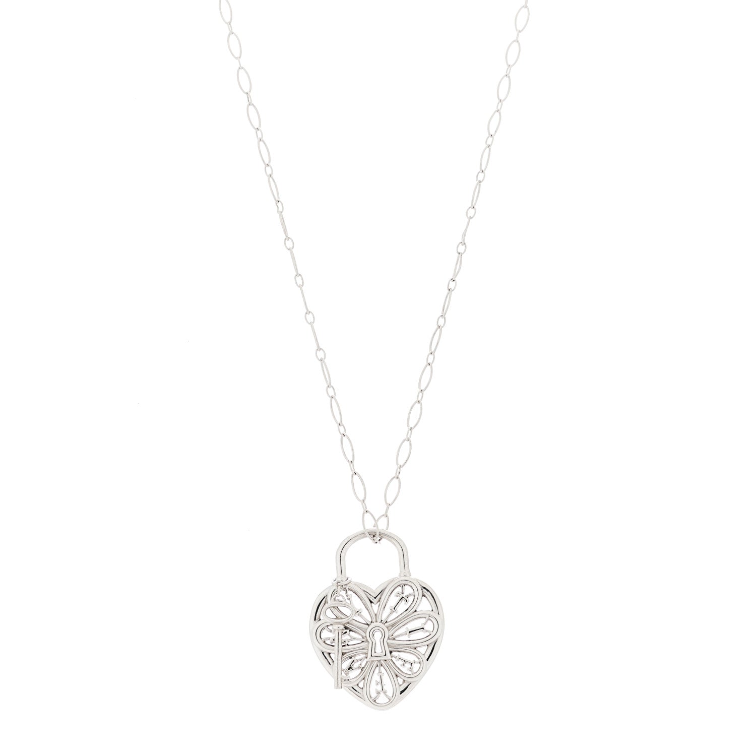 Tiffany Sterling Silver Large Filigree Heart Lock Key Pendant Necklace 1 of 6