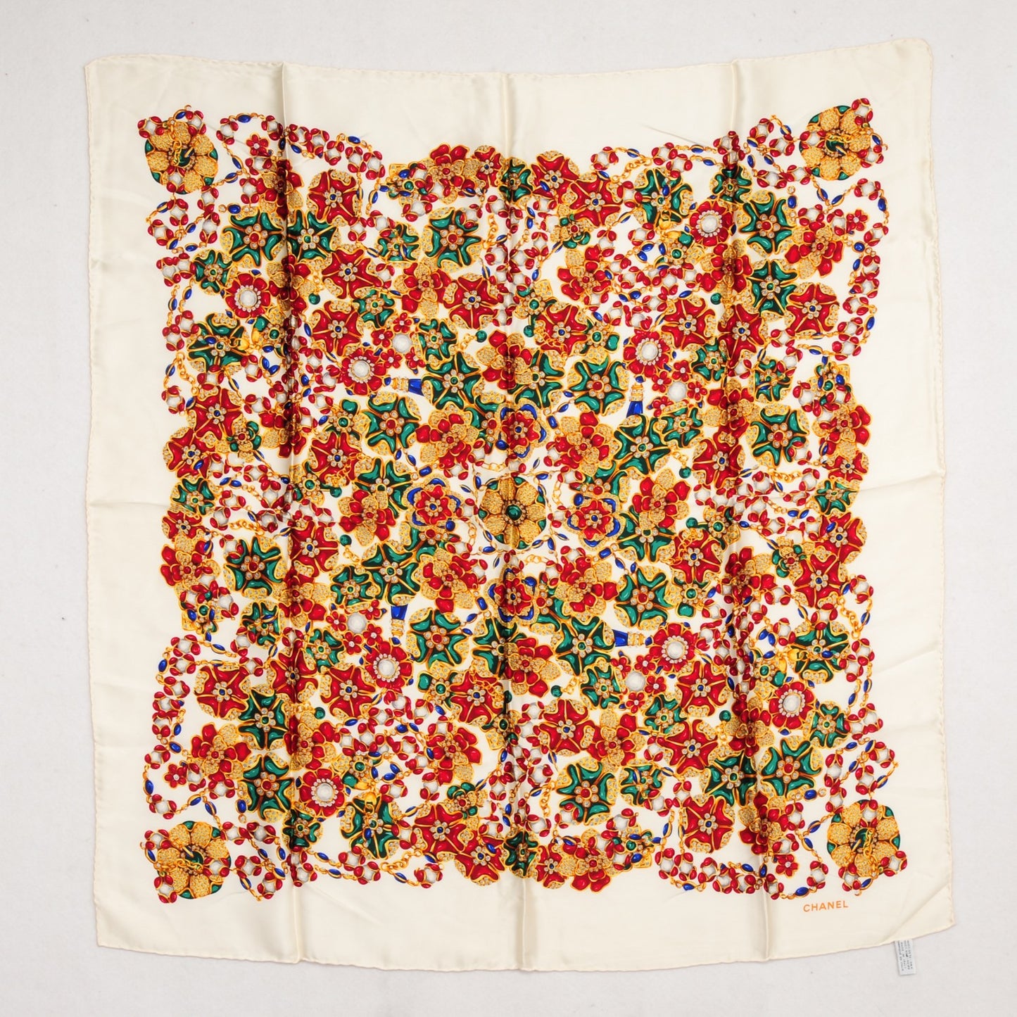 Silk Flower Jewels Scarf White